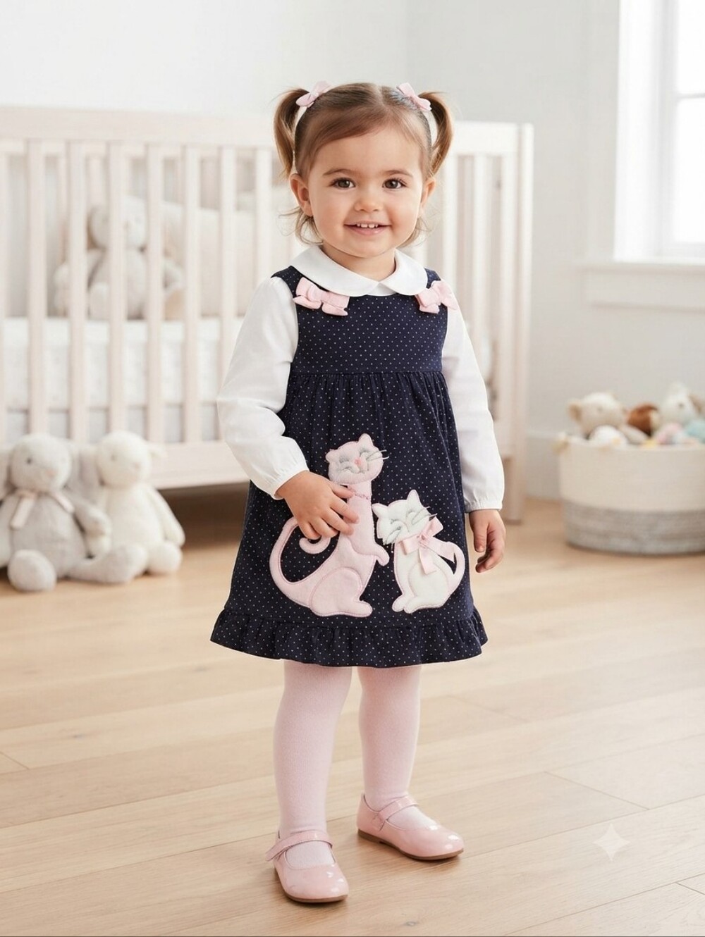 Rare Editions Vtg Style Navy Blue Pink Polka Dot Corduroy Cat Jumper  24 Months